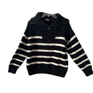 Aaron & Amber Black White Striped Quarter Zip Chunky‎ Knit Sweater Medium